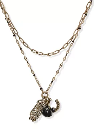 Gold Tone Jet Feather Charm Multirow Necklace