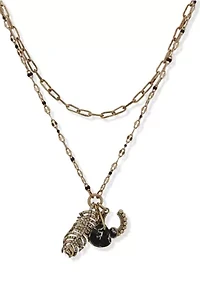 Gold Tone Jet Feather Charm Multirow Necklace