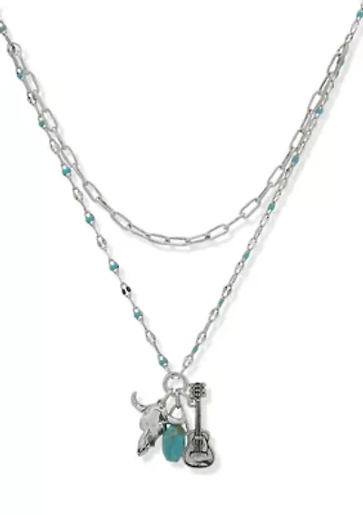 Silver Tone Turquoise Guitar Charm Multirow Necklace