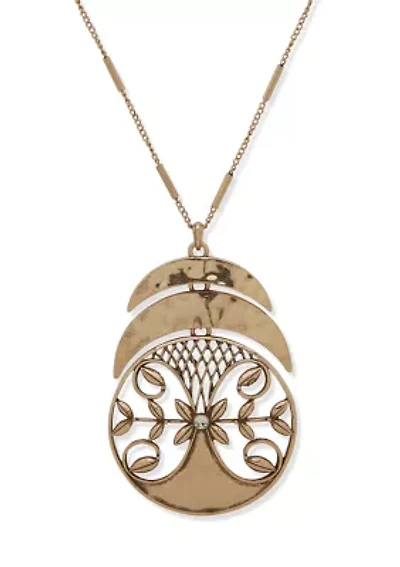 Gold Tone Lattice Leaf Pendant Necklace