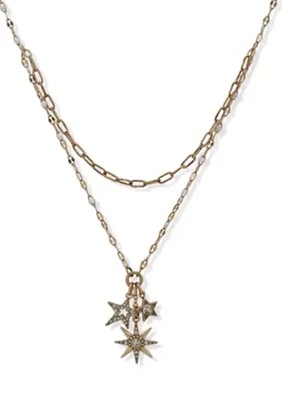 Gold Tone White Star Charm Multirow Necklace