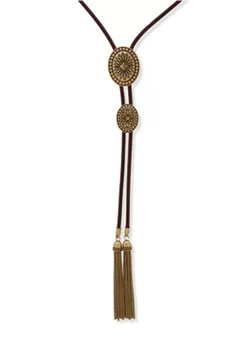 Gold Tone Long Tassel Bolo Necklace