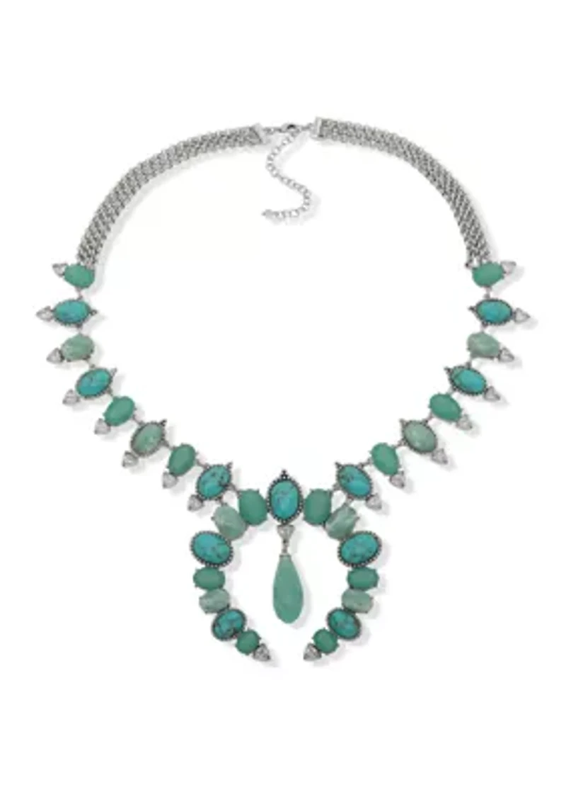 Silver Tone  Turquoise 36" Squash Blossom Necklace