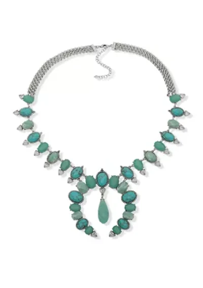 Silver Tone  Turquoise 36" Squash Blossom Necklace