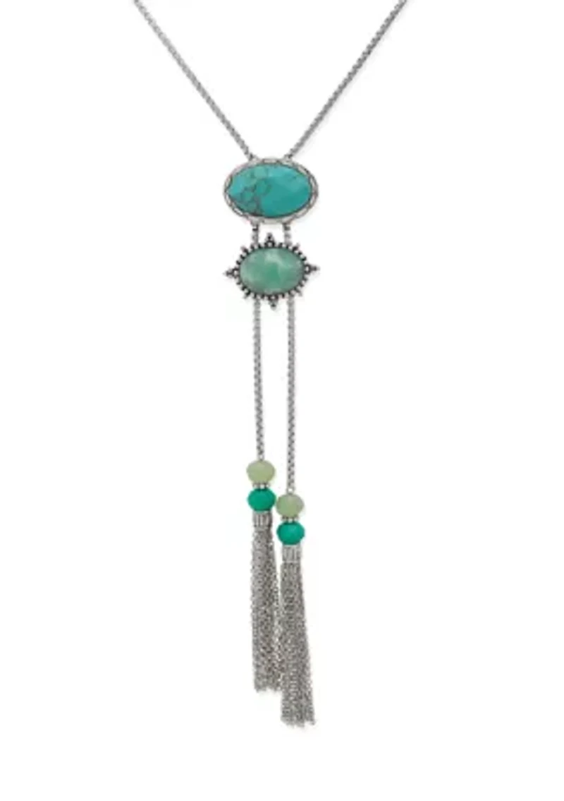 Silver Tone Turquoise Stone Tassel Bolo Necklace