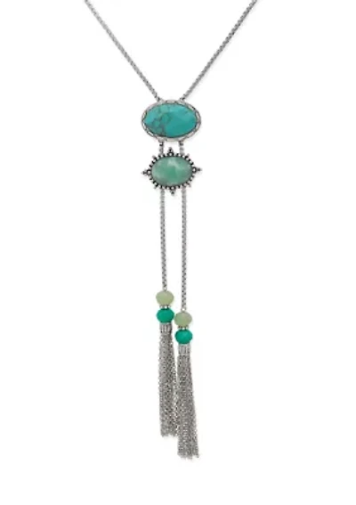Silver Tone Turquoise Stone Tassel Bolo Necklace