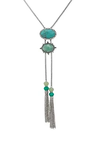 Silver Tone Turquoise Stone Tassel Bolo Necklace