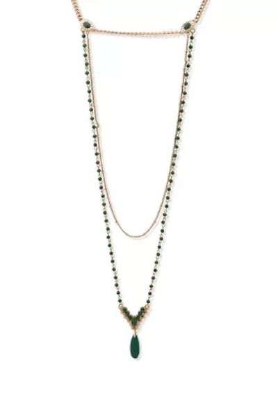 Green Stone Multi Row Chain Necklace