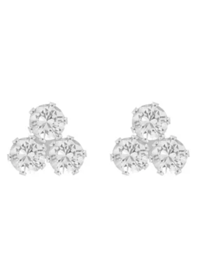 10K Gold 3mm Round Cubic Zirconia Triple Cluster Stud Earrings