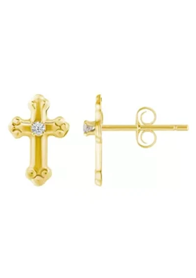 14K Yellow Gold Cubic Zirconia Cross Stud Earrings