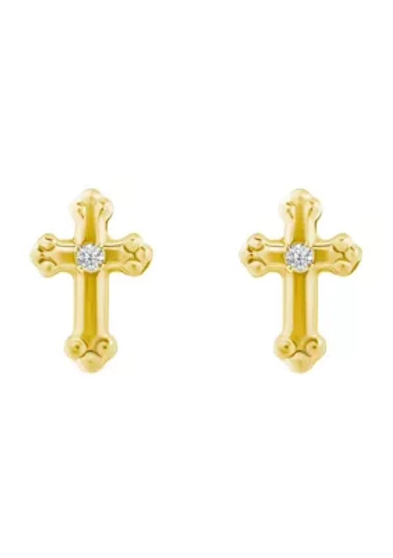 14K Yellow Gold Cubic Zirconia Cross Stud Earrings