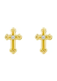 14K Yellow Gold Cubic Zirconia Cross Stud Earrings
