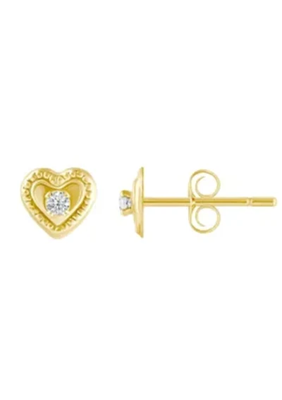 14K Yellow Gold Cubic Zirconia Beaded Heart Stud Earrings