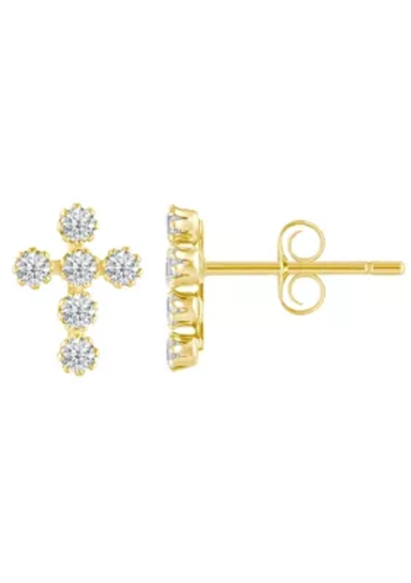 14K Yellow Gold Cubic Zirconia Cross Stud Earrings