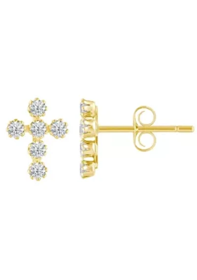 14K Yellow Gold Cubic Zirconia Cross Stud Earrings