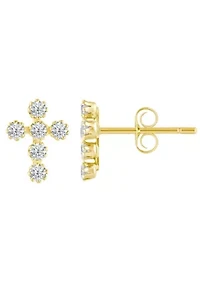 14K Yellow Gold Cubic Zirconia Cross Stud Earrings