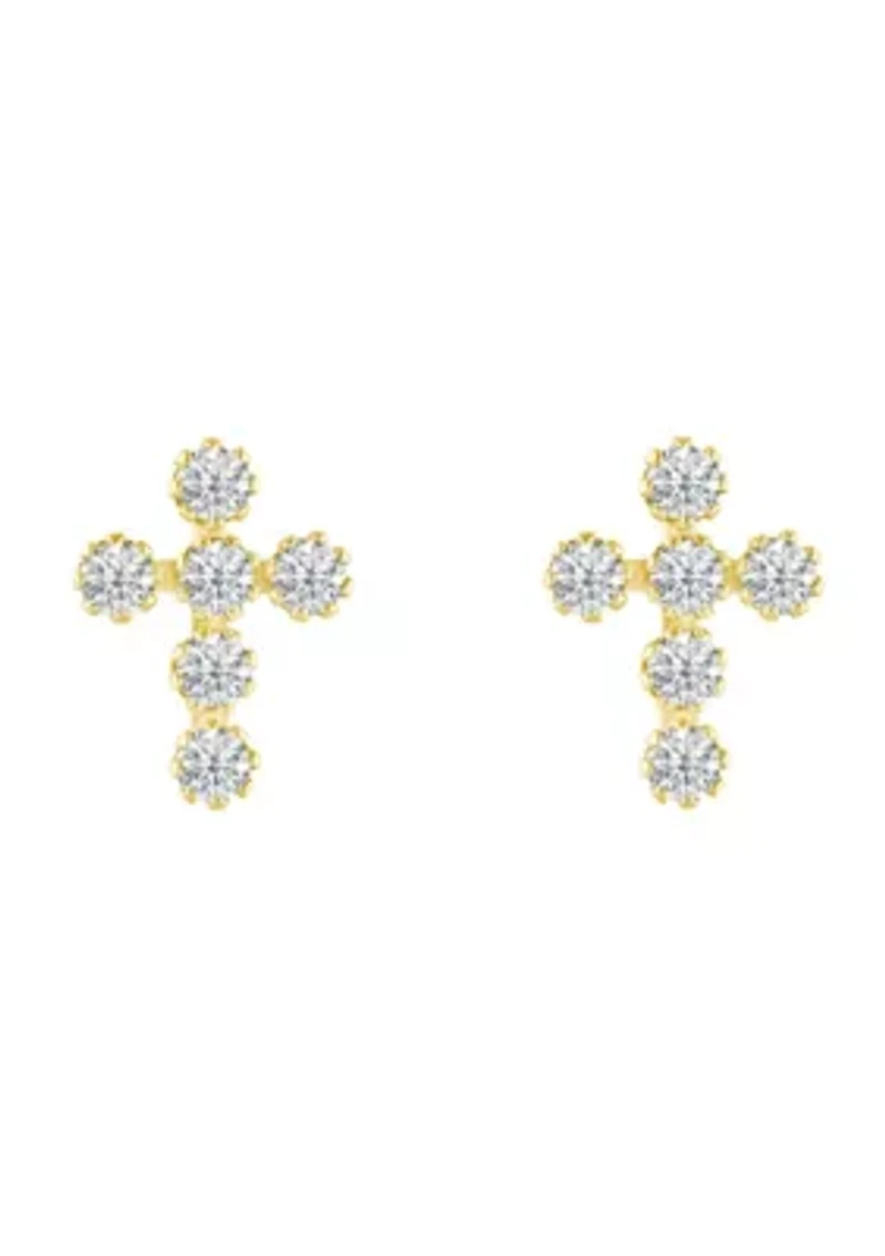 14K Yellow Gold Cubic Zirconia Cross Stud Earrings