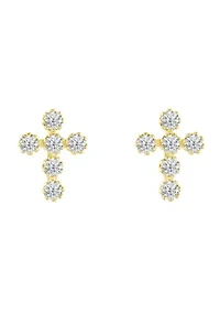 14K Yellow Gold Cubic Zirconia Cross Stud Earrings