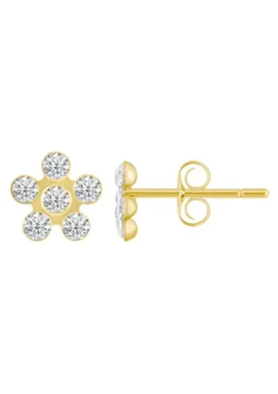 14K Yellow Gold Cubic Zirconia Flower Cluster Stud Earrings