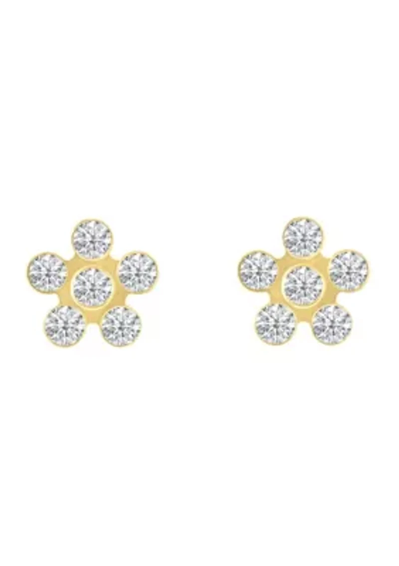 14K Yellow Gold Cubic Zirconia Flower Cluster Stud Earrings