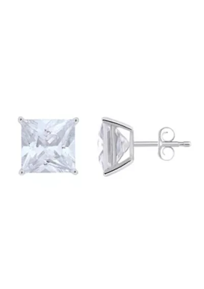 Sterling Silver 10mm Princess Cut Cubic Zirconia Stud Earrings