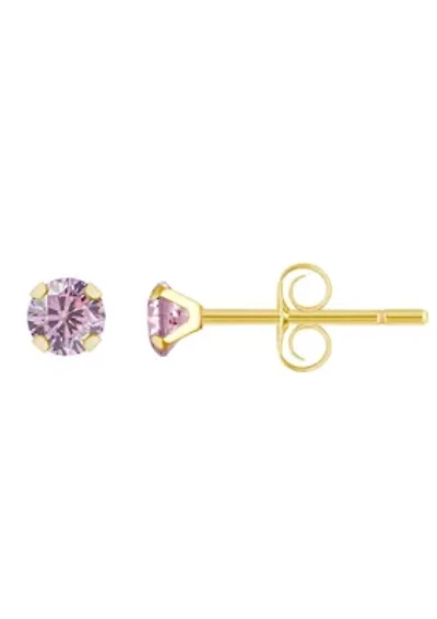 14K Yellow Gold 3mm Round Pink Cubic Zirconia Stud Earrings