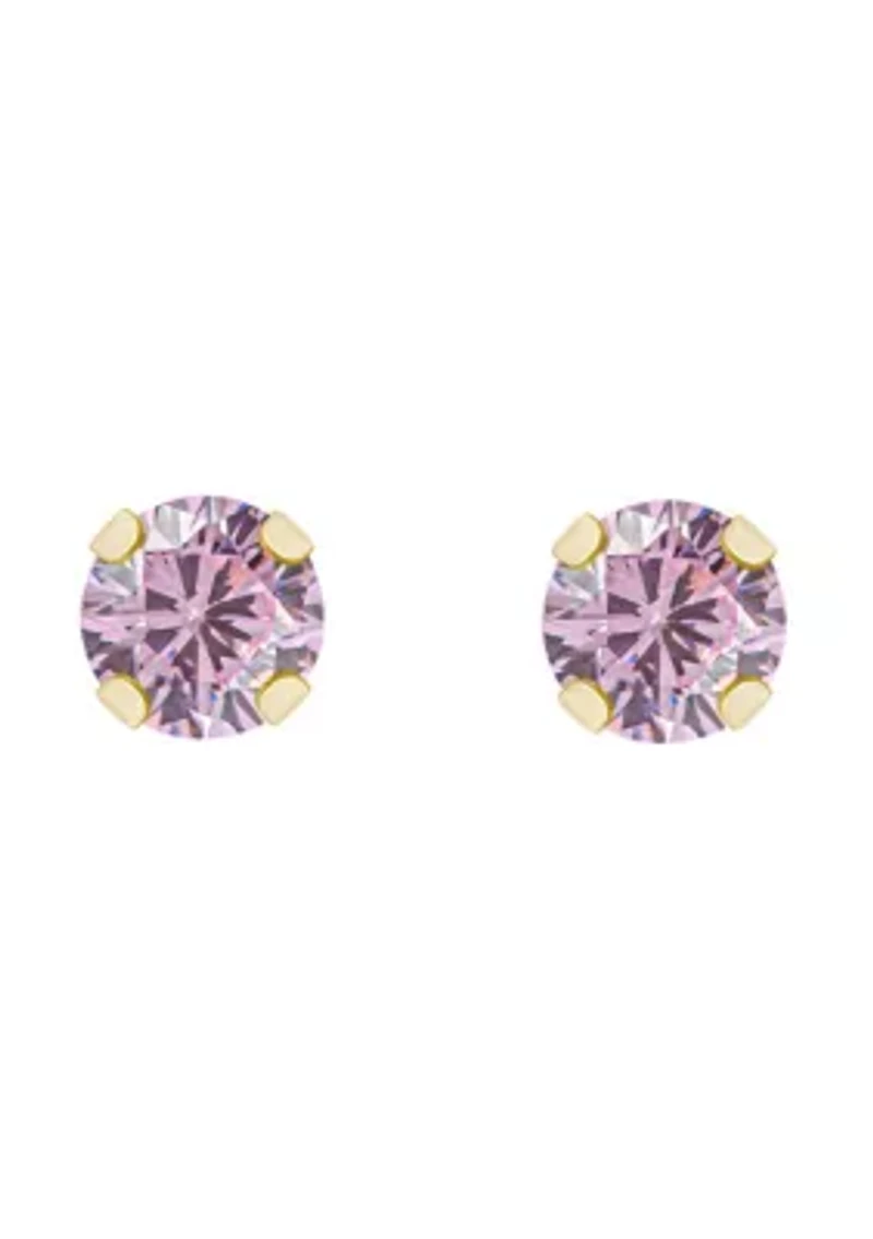 14K Yellow Gold 3mm Round Pink Cubic Zirconia Stud Earrings