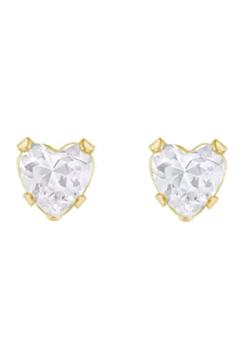 14K Yellow Gold 4mm Heart Shape Cubic Zirconia Stud Earrings
