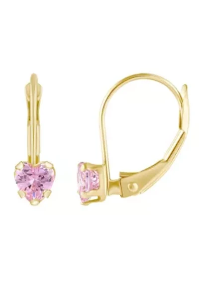 14K Yellow Gold 4mm Heart Shape Pink Cubic Zirconia Leverback Earrings