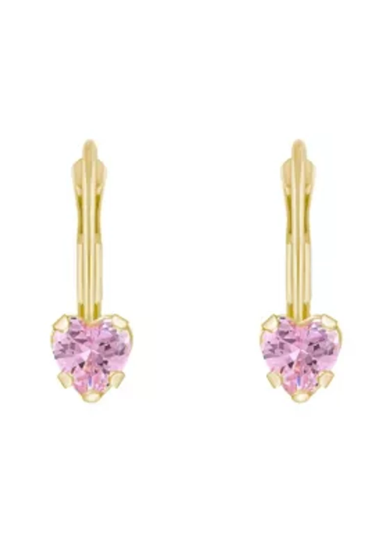 14K Yellow Gold 4mm Heart Shape Pink Cubic Zirconia Leverback Earrings