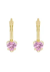 14K Yellow Gold 4mm Heart Shape Pink Cubic Zirconia Leverback Earrings