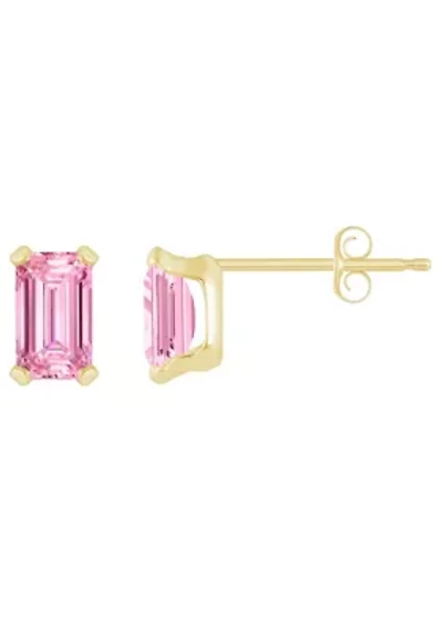 10K Yellow Gold 5x3mm Emerald Cut Pink Cubic Zirconia Stud Earrings