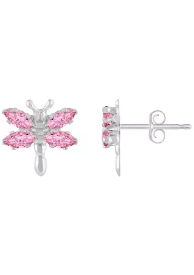 Sterling Silver Pink Cubic Zirconia Dragonfly Stud Earrings