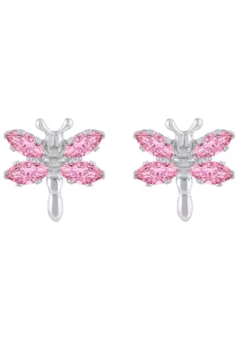 Sterling Silver Pink Cubic Zirconia Dragonfly Stud Earrings