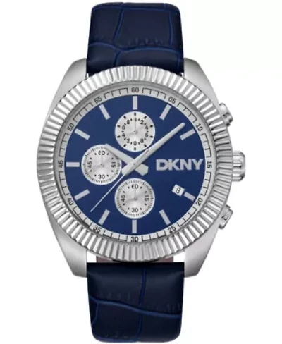 DKNY Men's Chronograph Blue Dial Blue Leather Strap Watch 42mm 100M