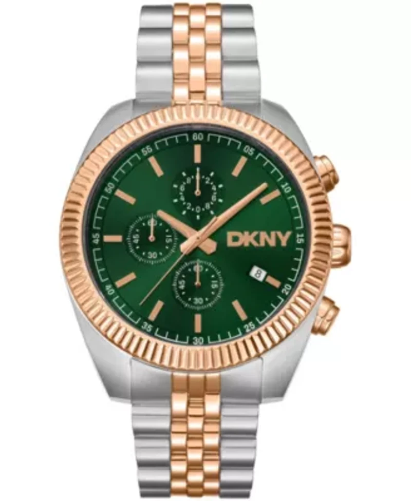 DKNY Men's Chronograph Green Dial Two-Tone Rose Gold Stainless Steel Bracelet Watch 42mm 100M