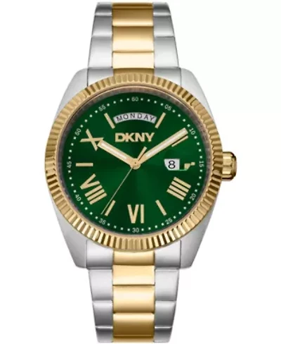 DKNY Men's Day Date Green Dial Two-Tone Gold Stainless Steel Bracelet Watch 41mm 100M
