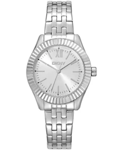 DKNY Women's Silver Dial Fluted Bezel Stainless Steel Bracelet Watch 30mm 50M