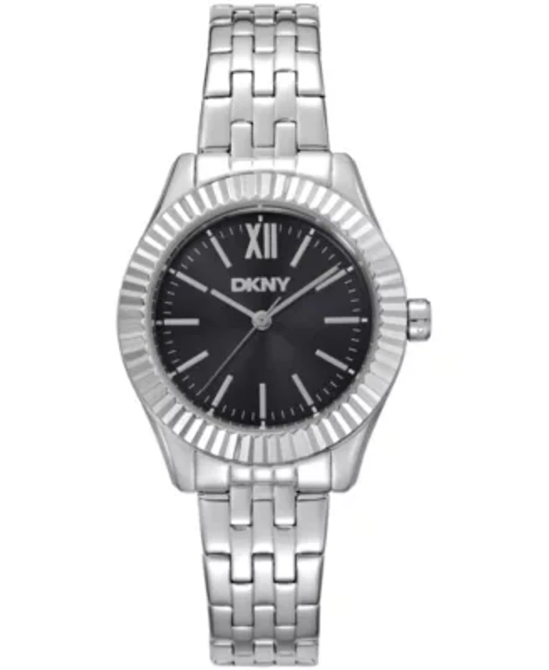DKNY Women's Black Dial Fluted Bezel Stainless Steel Bracelet Watch 30mm 50M