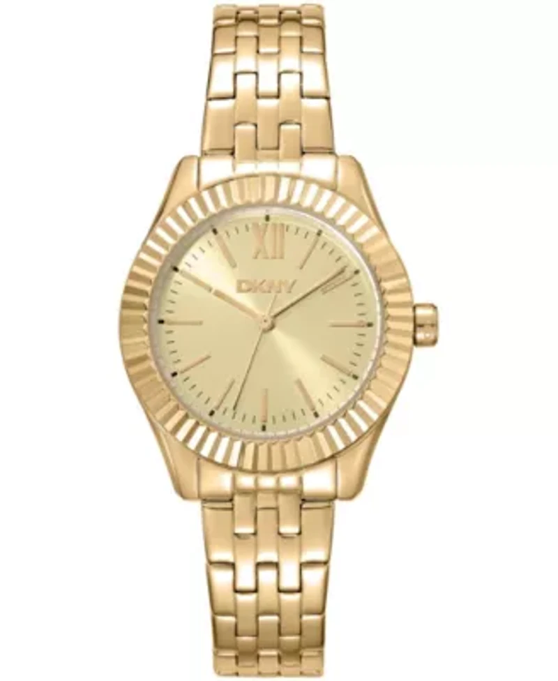 DKNY Women's Champagne Dial Fluted Bezel Yellow-Gold Tone Stainless Steel Watch 30mm 50M
