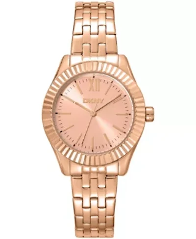 DKNY Women's Rose Gold Dial Fluted Bezel Rose-Gold Tone Stainless Steel Bracelet Watch 30mm 50M