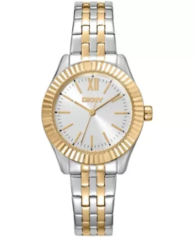 DKNY Women'sSilver Dial Fluted Bezel Two-Tone Gold Stainless Steel Bracelet Watch 30mm 50M