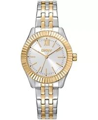 DKNY Women'sSilver Dial Fluted Bezel Two-Tone Gold Stainless Steel Bracelet Watch 30mm 50M