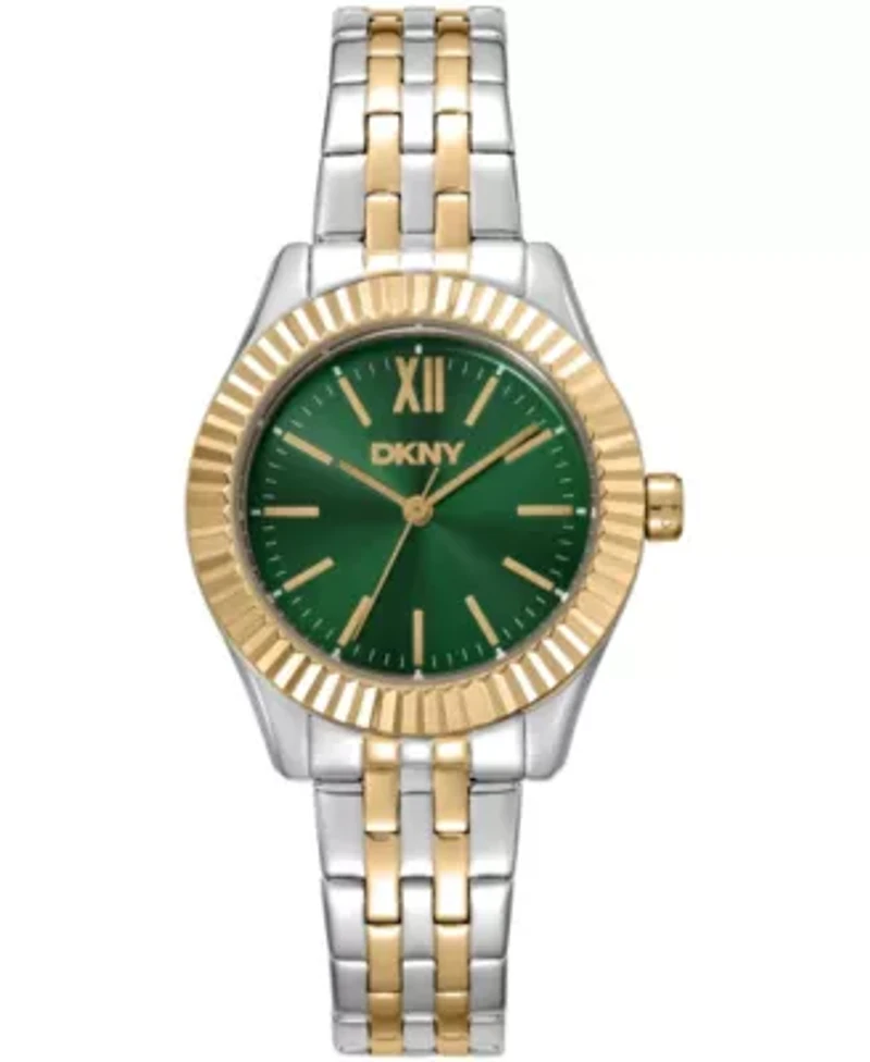 DKNY Women's Green Dial Fluted Bezel Two-Tone Gold Stainless Steel Bracelet Watch 30mm 50M