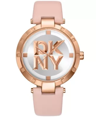 Women's Essential Logo Silver White Dial Pink Leather Strap Watch