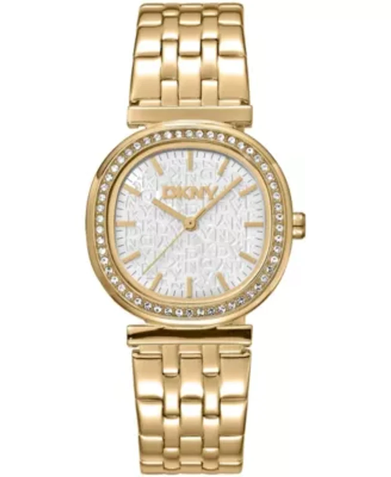 DKNY Women's Silver Dial Crystal Bezel Gold-Tone Stainless Steel Bracelet Watch 30mm 30M