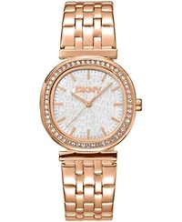 DKNY Women's Silver Dial Crystal Bezel Red-Gold Tone Stainless Steel Bracelet Watch 30mm 30M