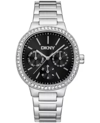 DKNY Women's Black Dial Crystal Bezel Stainless Steel Bracelet Multifunctional Watch 36mm 30M