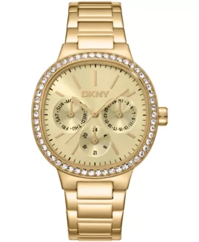 DKNY Women's Champagne Dial Crystal Bezel Gold-Tone Stainless Steel Bracelet Multifunctional Watch 36mm 30M