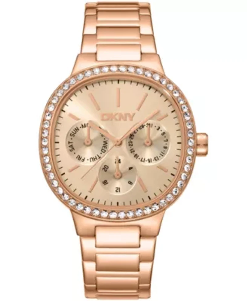 DKNY Women's Rose Gold Dial Crystal Bezel Red-Tone Stainless Steel Bracelet Multifunctional Watch 36mm 30M
